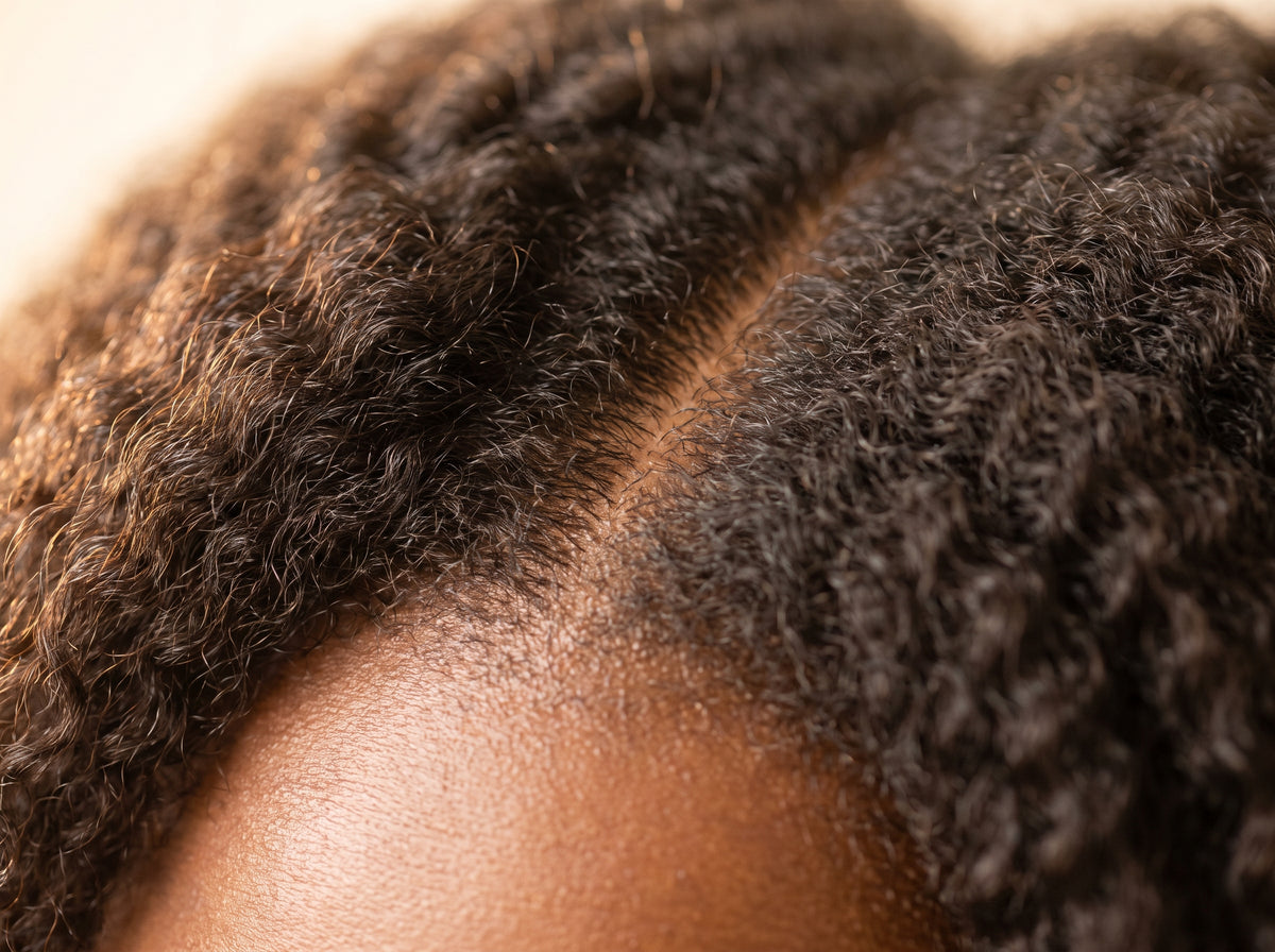 Macro detail of a clean part line through natural coils, showing a healthy scalp
