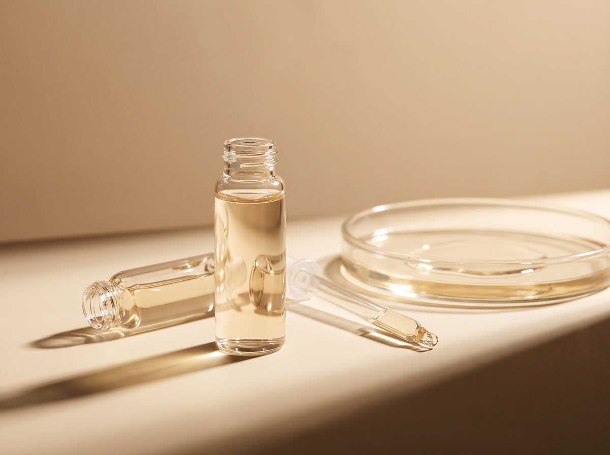 Glass vials and a pipette holding a pale gold serum on a cream surface