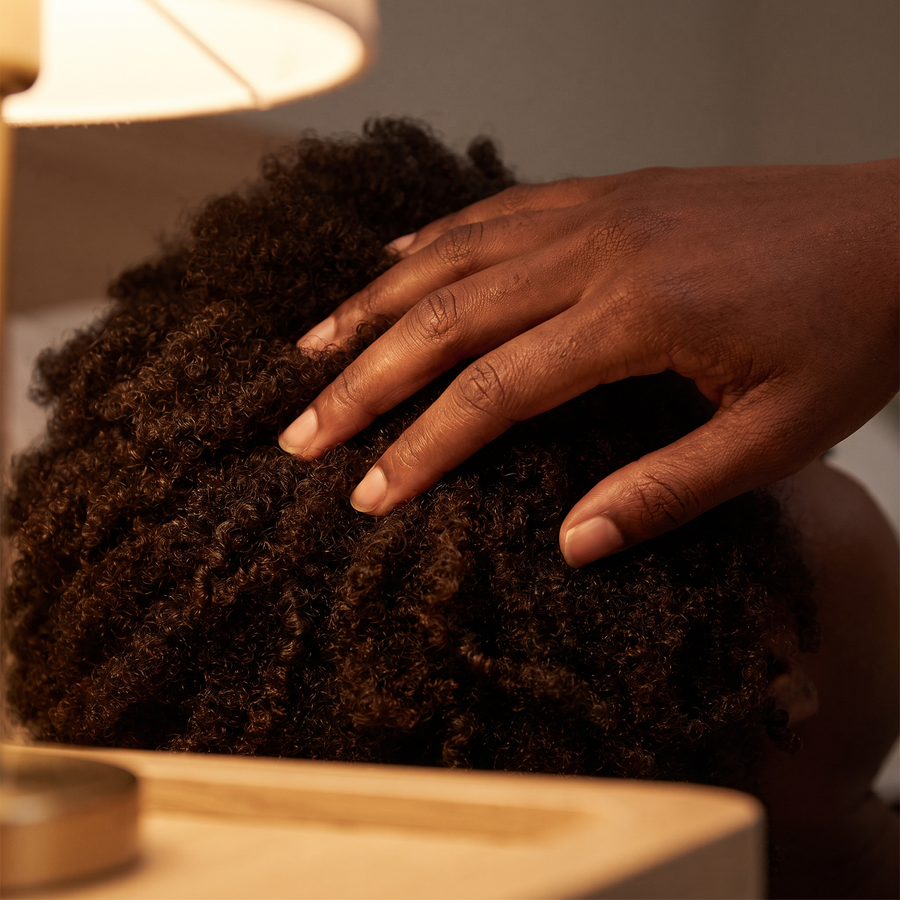 Fingertip pads massaging the scalp through coily hair