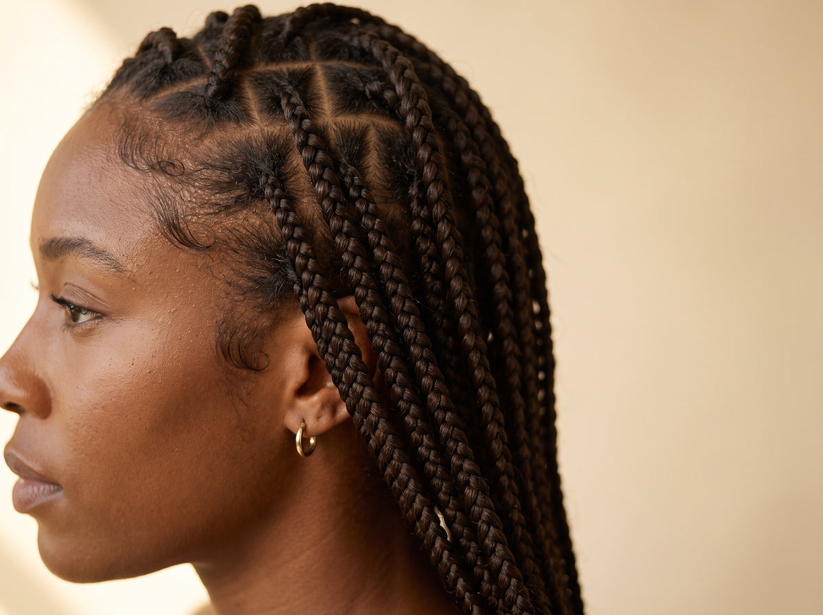 Detail of neat knotless braids starting softly at an intact hairline